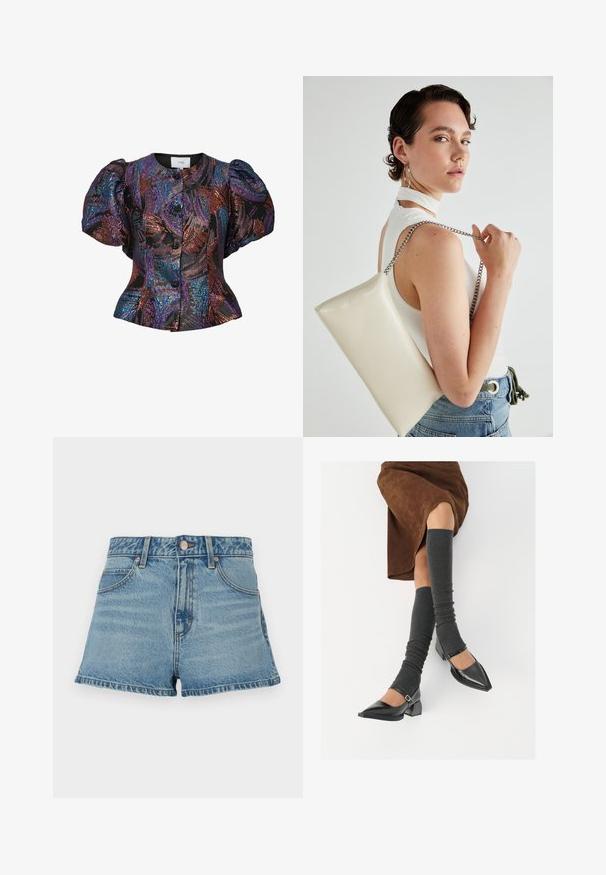 Blusa con maniche a sbuffo nera con motivi di paillettes multicolori, dotata di colletto rotondo e chiusura frontale con bottoni. Tessuto texture.; Shorts in denim azzurro chiaro con vita alta, orlo sfrangiato, cuciture a contrasto e tasche frontali. Include un bottone metallico e un etichetta del marchio.; Scarpe nere in pelle verniciata con punta affilata, tacco a blocco e cinturino alla caviglia, abbinate a scaldamuscoli grigi a coste e una gonna in suede marrone.; Borsa a pochette rettangolare bianca realizzata in materiale lucido, con una tracolla in catena argentata. Il modello posa, mostrando la borsa su uno sfondo semplice.