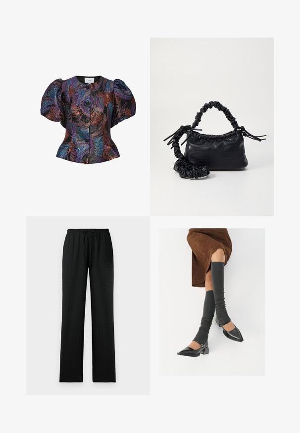 Blusa de mangas bufantes em preto com padrões de lantejoulas multicoloridas, apresentando um colarinho redondo e fecho de botão na frente. Tecido texturizado.; Calças largas pretas, texturizadas, com uma cintura elástica e cordão ajustável; desenhadas para conforto e um ajuste relaxado.; Sapatos pretos de pele lacada com biqueira pontuda, salto bloco e tiras no tornozelo, combinados com caneleiras cinzas em malha e uma saia de camurça castanha.; Bolsa de mão em couro sintético preto com textura de crocodilo, topo franzido e alça enrugada. Apresenta um design suave e compacto.