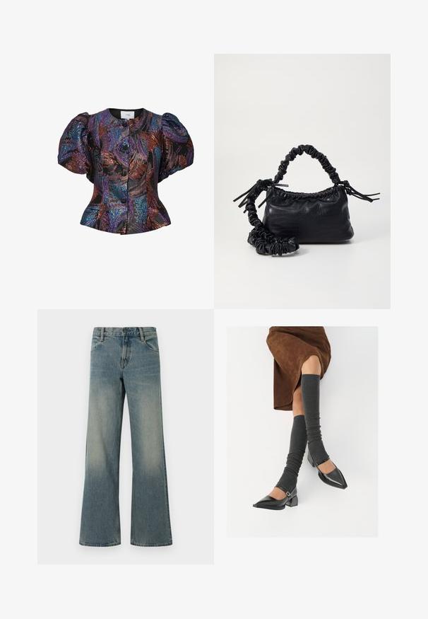 Bluza s pufastim rukavima u crnoj boji s višebojnim šljokicama, s okruglim ovratnikom i prednjim kopčanjem na dugmadi. Teksturirana tkanina.; Plave traperice širokih nogavica s klasičnim dizajnom pet džepova i zatvaranjem na gumb i patentni zatvarač, s izblijedjelim detaljima na bedrima i koljenima.; Crne lakirane cipele s šiljastim prstima, blok-petom i remenom oko gležnja, uparene s sivim rebrastim čarapama do koljena i smešnom suknjom od antilopa.; Crna torba od umjetne kože s teksturom krokodila, s cinčanim vrhom i naboranom trakom. Izgleda mekano i kompaktno u dizajnu.