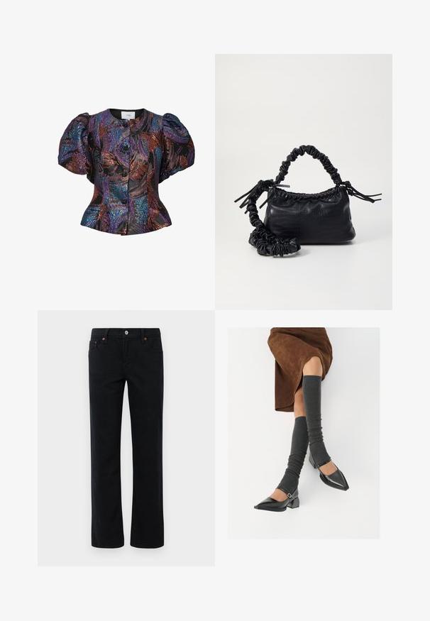 Bluse med puffærmer i sort med flerfarvede pailletmønstre, der har en rund krave og knaplukning foran. Struktureret stof.; Sorte jeans med lige ben, front- og baglommer, bæltestropper, knaplukning og detaljer med kobbernitter.; Sorte patenterede lædersko med spids tå, blokhæl og ankelrem, kombineret med grå ribbede benvarmere og en brun ruskinds nederdel.; Sort kunstlæder håndtaske med krokodilteksur, indsnøret top og en sammenkrøben rem. Ser blød og kompakt ud i designet.