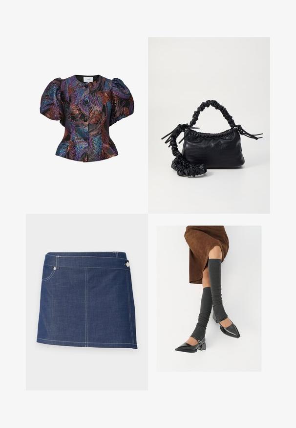 Blouse à manches bouffantes noire avec des motifs de sequins multicolores, dotée d'un col rond et d'une fermeture par boutons sur le devant. Tissu texturé.; Jupe mini en denim bleu foncé avec des coutures blanches, présentant une seule poche avant et une fermeture à bouton métallique à la taille.; Chaussures à bout pointu en cuir verni noir avec un talon bloc et une bride à la cheville, accompagnées de jambières en maille grise et d'une jupe en daim marron.; Sac à main en simili cuir noir avec une texture crocodile, un dessus resserré et une sangle froncée. A l'apparence douce et compacte.