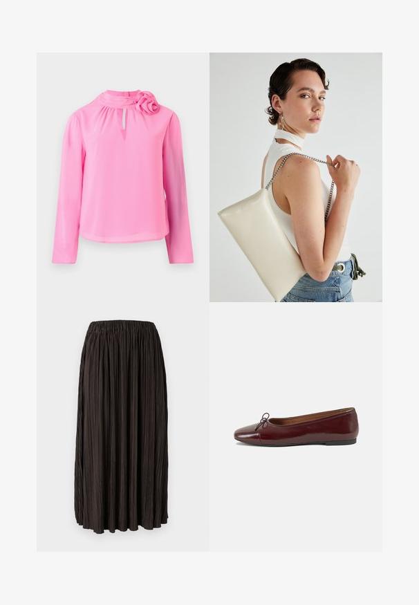 Różowa bluzka z długim rękawem, wykonana z lekkiego materiału, z delikatnym kołnierzykiem, szczegółem w kształcie łezki oraz ozdobnym akcentem różanym na ramieniu.; Zgromadzona czarna spódnica z elastycznym pasem, wykonana z lekkiego materiału. Charakteryzuje się pionowymi fałdami na całej powierzchni, bez dodatkowych akcentów.; Bordowe baleriny z lakierowanej skóry z zaokrąglonym noskiem, małą kokardką z przodu oraz niską, czarną gumową podeszwą. Gładka tekstura.; Biała prostokątna kopertówka wykonana z błyszczącego materiału, z srebrnym łańcuszkiem. Modelka pozuje, prezentując torebkę na jednolitym tle.