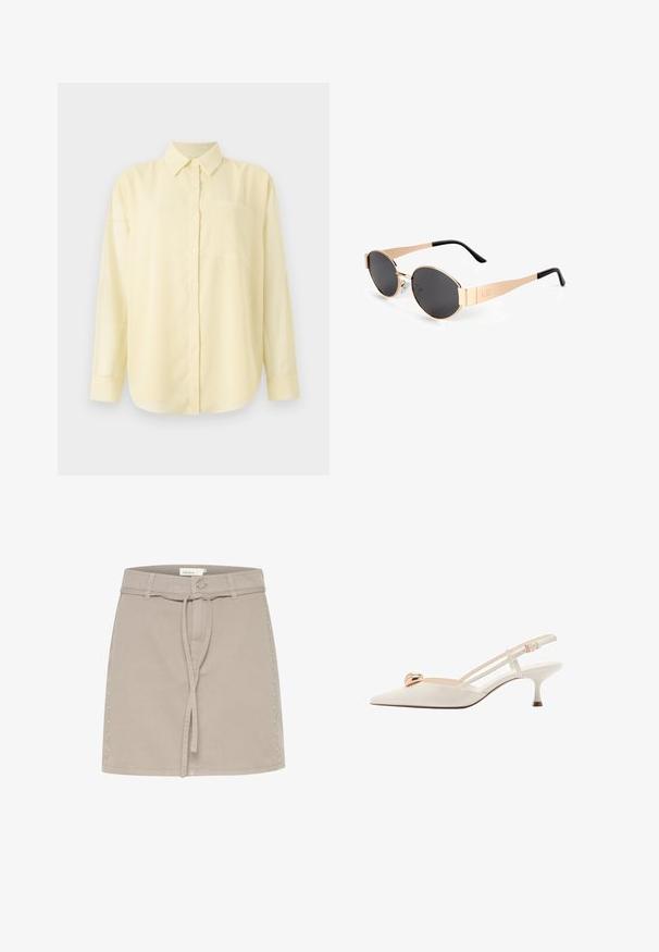 Geel langarm overhemd met kraag, vooraan knopen en een patchzak aan de linkerkant, gemaakt van glad, lichtgewicht materiaal.; Beige denim miniskirt met riemlussen, voorknoop en decoratieve studs aan de rechterzijde. Glad textuur en gestructureerde vorm.; Crème-kleurige slingback schoen met een spitse neus, dunne banden en een gouden accent op de wreef. Heeft een lage, smalle hak.; Gouden ovale zonnebril met donkere lenzen, met een slank ontwerp, dunne armen en een zwarte accent bij de slaap. Modelnummer L37.; Witte leren handtas met gouden beslag, voorzien van een flapsluiting en een afneembare, verstelbare band. Ronde metalen accenten in het midden.; Singularu DROP - Oorbellen - gold-coloured