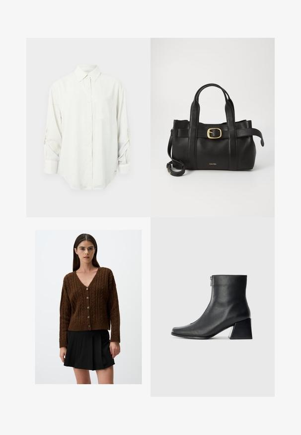 Witte blouse met lange mouwen, knoopsluiting en een kraag, met een enkel borstzakje en opgerolde mouwen. Zachte, gladde stof en ontspannen pasvorm.; Bruine kabelgebreide cardigan met een V-hals en zes knopen aan de voorkant; ribgebreide manchetten en zoom. Draag een zwarte geplooide rok eronder.; Zwarte leren enkellaars met vierkante neus, zijrits en blokhak tegen een effen lichte achtergrond.; Zwarte leren handtas met een gestructureerd ontwerp, dubbele handgrepen aan de bovenkant, een gouden gespaccent en een geperst merklogo aan de voorkant.