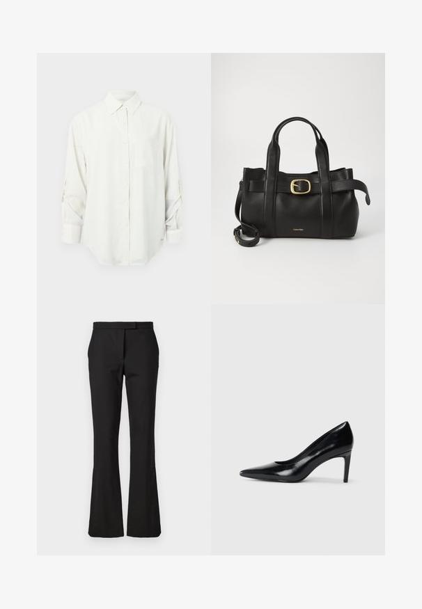 Bílá košile s dlouhým rukávem, zapínáním na knoflíky a límcem, s jednou náprsní kapsou a ohrnutými rukávy. Měkká, hladká tkanina a uvolněný střih.; Černé rozšířené kalhoty vyrobené z tkaniny. Mají plochý přední díl, pas a hladký povrch. Žádné viditelné kování ani vzory.; Černé kožené boty na vysokém podpatku s špičatou špičkou, hladkým povrchem a zúženým podpatkem. Minimalistický design, bez dalších ozdob.; Černá kožená kabelka s upraveným designem, dvojitými vrchními madly, pozlaceným přezkovým akcentem a vyraženým logem značky na přední straně.