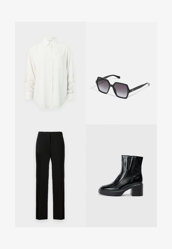 Biała koszula z długim rękawem, zapinana na guziki, z kołnierzykiem, pojedynczą kieszonką na piersi i podwiniętymi rękawami. Miękka, gładka tkanina i luźny krój.; Czarne spodnie o prostym kroju, wykonane z gładkiego materiału, z płaskim przodem, szlufkami na pasek i bez widocznych wzorów czy akcentów.; Czarne lakierowane botki za kostkę z zaokrąglonym noskiem, elastycznymi panelami bocznymi i masywnym obcasem blokowym. Posiadają wytłoczone logo z tyłu.; Czarne, sześciokątne okulary przeciwsłoneczne z gradientowymi soczewkami, o błyszczącym wykończeniu i subtelnym logo na zauszniku. Wykonane z trwałego plastiku.