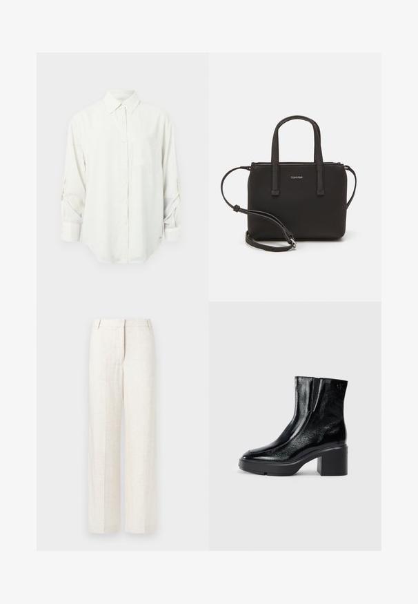 Bijela košulja s dugim rukavima, gumbićima, ovratnikom, jednim džepom na prsima i zakrčenim rukavima. Mekan, glatki materijal i opušten kroj.; Bež hlače širokih nogavica od lanene mešanice, s glatkom teksturom, klasičnim prednjim nabranjem i bočnim džepovima za dodatnu funkcionalnost.; Crne lakirane gležnjače s zakrivljenim prstom, elastičnim bočnim panelima i masivnom blok petom. Sadrže urezani logo na leđima.; Crna torba s dva kratka ručka i uklonjivom naramenicom. Glatki materijal nalik koži s zatvaračem na zatvaranje i detaljem s logom.