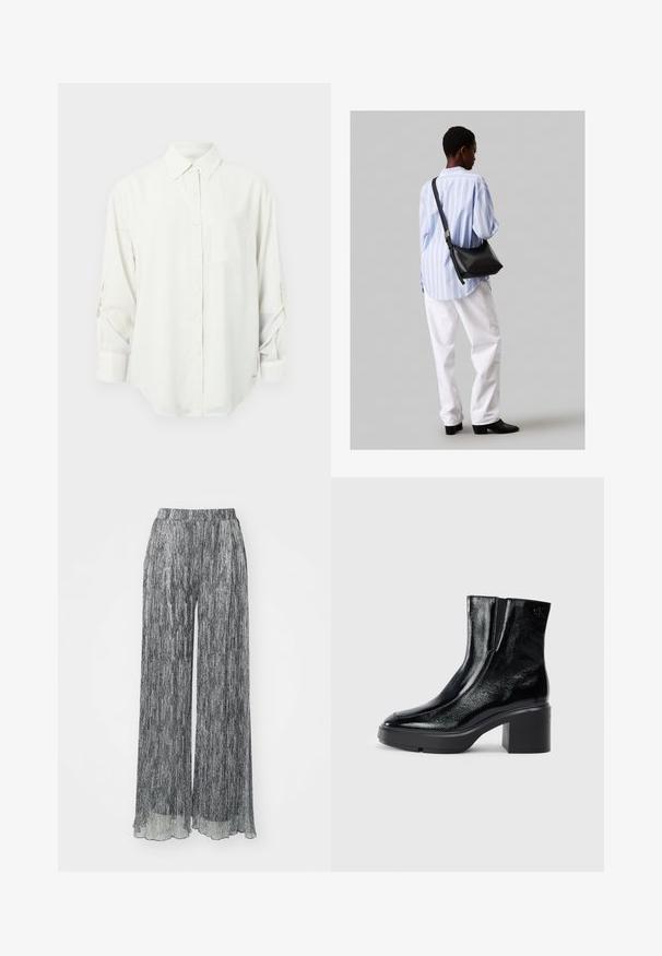 Balta ilgomis rankovėmis mygtukinė marškiniai su apykakle, vienu krūtinės kišenė ir sukeltomis rankovėmis. Minkšta, lygi medžiaga ir laisvas kirpimas.; Juodos ir baltos plačios kelnės su raukiniais, elastinga juosta ir permatomu apvadu. Audinys turi vertikalių juostelių.; Juodi lakiniai auliniai batai iki kulkšnies, su išlenktu pirštu, elastinėmis šoninėmis panelėmis ir masyviu blokuotu kulnu. Apdailoje užpakalinėje dalyje įspaustas logotipas.; Juodas odinis petinis krepšys su minkšta tekstūra, trikampiu pavidalu ir reguliuojama juosta, derinamas su šviesiai mėlynu dryžuotu marškinėliu ir baltais džinsais.