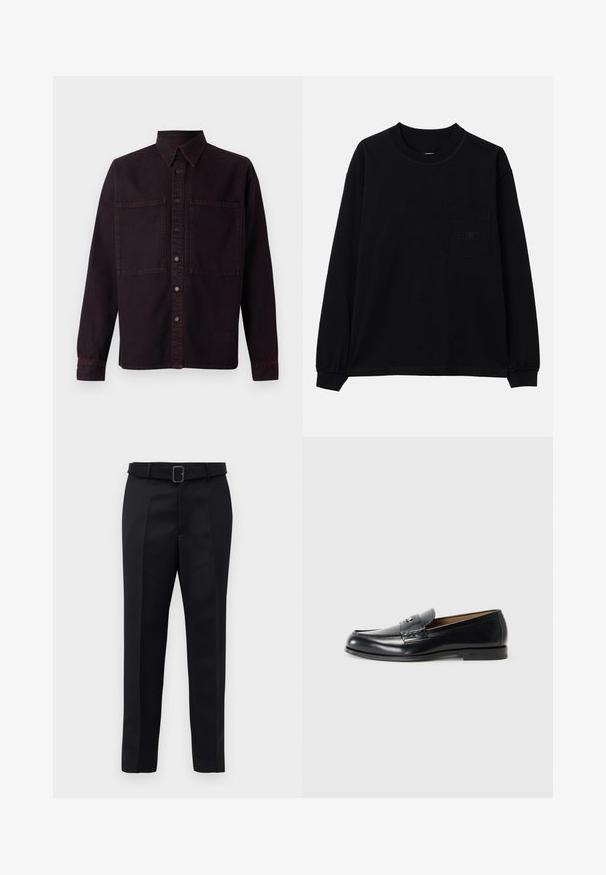 Camisa de mezclilla de color púrpura oscuro con mangas largas, un cuello puntiagudo, dos bolsillos frontales y costuras rojas en contraste. Cuenta con cierre de botones.; Camiseta negra de manga larga hecha de algodón, con cuello redondo, un bolsillo en el pecho izquierdo y puños elásticos. Diseño minimalista sin patrones.; Los pantalones negros de corte ajustado presentan un tejido suave, un corte recto y una cintura con cinturón y hebilla rectangular. Las pliegues frontales notables realzan el diseño.; Mocasines de cuero en negro con un acabado liso, puntera redondeada, costuras decorativas y un pequeño acento metálico en la parte frontal.