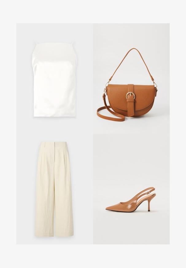 Weiße Satin-Camisole mit dünnen Trägern, glatter Textur, rechteckiger Form und ohne sichtbare Muster oder Akzente.; Cremfarbene, weit geschnittene Hosen aus einem strukturierten Stoff. Sie verfügen über Vorderfalten und eine hohe Taille, die eine lockere Passform bieten.; Spitz zulaufender Slingback-Absatz aus einem glatten, glänzenden, tanfarbenen Material. Mit einem geschwungenen Ausschnitt-Design und einem schlanken Stiletto-Absatz. Silberne Schnallendetails.; Braune Leder-Crossbody-Tasche mit geschwungener Form, goldfarbenen Beschlägen und einer Schnallenakzentuierung. Verfügt über einen abnehmbaren Schultergurt.