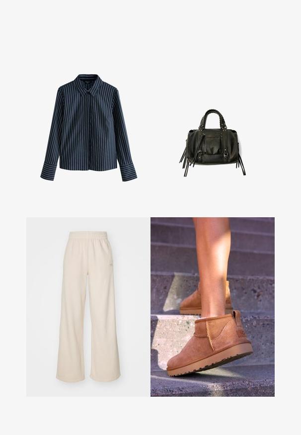 Cămașă cu mânecă lungă, albastru închis, cu dungi verticale albe, guler și nasturi pe partea din față. Prezintă o croială subțire și manșete la mâneci.; Pantaloni largi de culoare crem, confecționați dintr-un material moale, având un elastic în talie și un detaliu mic cu logo pe lateral.; Botine bej din suede cu o textură moale, detalii cusute și o talpă din cauciuc, având un călcâi cu buclă pentru o utilizare ușoară.; Geantă din piele neagră, cu mânere împletite, buzunar cu fermoar și ciucuri suspendați. Suprafață texturată cu capse metalice și accente din metal.