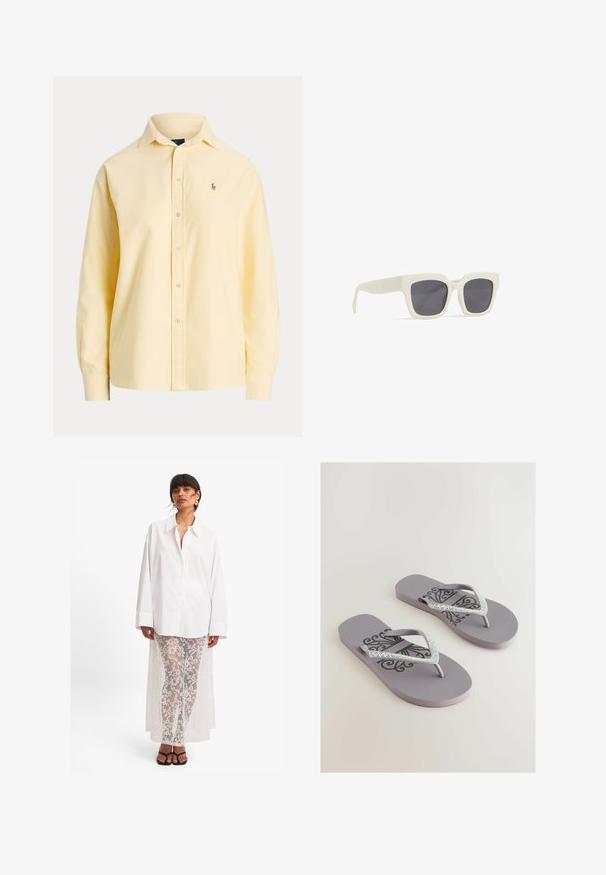 Gul bomulds skjorte med knaplukning og lange ærmer, klassisk kravesnit, og broderet logo på brystet. Glat tekstur, skræddersyet pasform.; Hvid button-up skjorte med lange ærmer, parret med gennemsigtige hvide blondebukser med blomstermønster og et langt bagdrapering. Sorte sandaler.; Grå flip-flops med en tekstureret fodseng, der har et dekorativt sort mønster og glitrende rhinestone-prydede stropper i V-form.; Hvide plastik solbriller med grå linser. Fyrkantet stelform. Har subtil branding på armen. Glat tekstur med en mat finish.