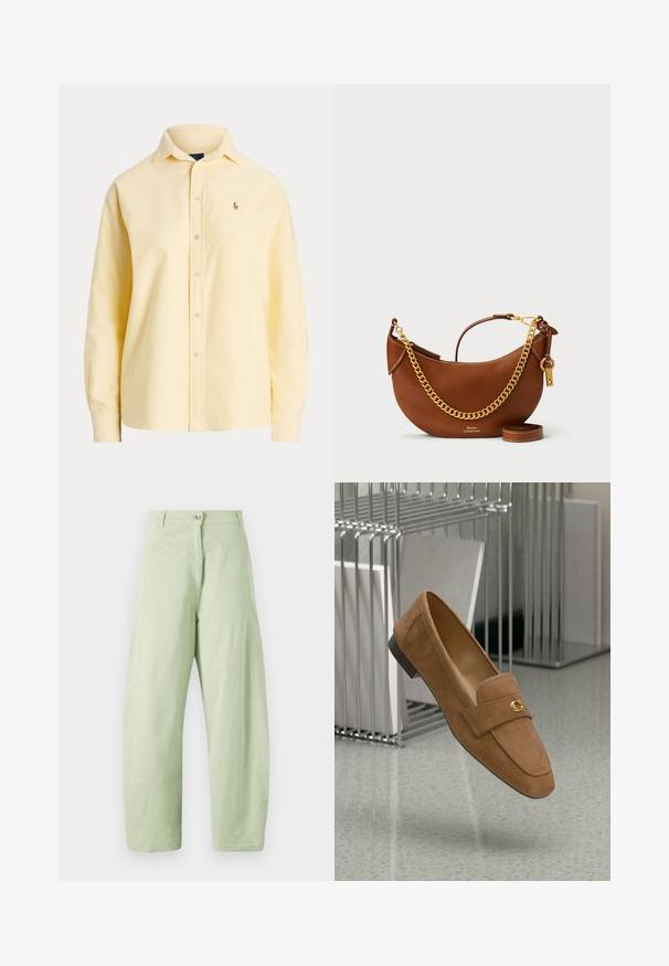 Žuta pamučna košulja s dugim rukavima, klasičnim ovratnikom i izvezenim logom na prsima. Glatka tekstura, kroj prilagođen tijelu.; Svijetlozelene široke hlače napravljene od pamuka. Imaju kopčanje na dugme i čiste linije s minimalnom teksturom. Nema vidljivih uzoraka ili detalja.; Smeđi nubuk loafer s ravnim potpeticom, s zlatnim grbom detaljem na remenu. Glatka tekstura i klasičan oblik.; Smeđa kožna torba s ovalnim dizajnom, zlatnim lancem za nošenje, unutarnjim džepom i odvojivim remenom za rame. Sadrži kontrastne šavove.