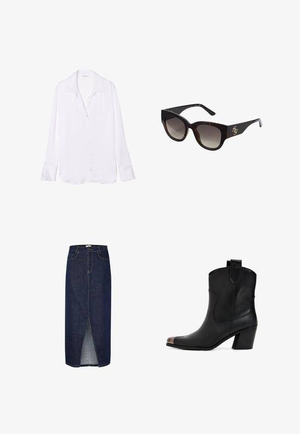 Biała, długa koszula z długim rękawem, zapinana na guziki, z kołnierzykiem w kształcie notch, gładką teksturą i widoczną listwą guzikową z przodu. Lekka tkanina miękko opada.; Dżinsowa spódnica ołówkowa w ciemnym niebieskim kolorze z rozcięciem z przodu, z żółtymi szwami i klasycznym pięciopakietowym wzorem. Zamek błyskawiczny z tyłu.; Czarne skórzane botki za kostkę z okrągłym noskiem, wyposażone w metalową osłonę na czubku, ukośną cholewkę i słupkowy obcas. Gładka tekstura i minimalistyczny design.; Okulary przeciwsłoneczne w kolorze tortoise z dużymi prostokątnymi oprawkami, gradientowymi soczewkami i złotą dekoracją logo na ramieniu. Gładki materiał plastikowy.; Biała skórzana torebka z złotymi akcentami, z przednią klapą i czarnymi krawędziami, z łańcuszkowym paskiem noszona na krzyż na tle jasnoniebieskiej koszuli.
