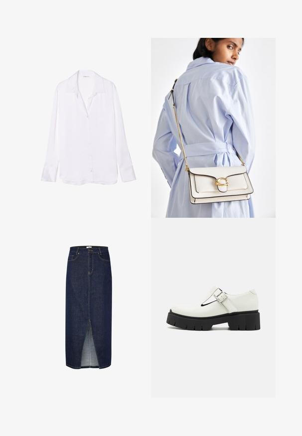 Weißes Langarm-Hemd mit Knopfleiste und Schlitzkragen, glatter Textur und sichtbarer Knopfleiste auf der Vorderseite. Leichter Stoff fällt weich.; Dunkelblaue Jeans-Bleistiftrock mit einem Schlitz vorne, erhältlich mit gelben Nähten und klassischem Fünf-Taschen-Design. Reißverschlussverschluss hinten.; Weißes Lackleder-Schuhwerk mit T-Bar-Design, silberner Schnalle, dickem schwarzem Gummisohle und strukturierten Akzenten an Ferse und Sohle.; Weiße Lederhandtasche mit goldenen Beschlägen, einer Klappe an der Vorderseite und schwarzem Rand, ausgestattet mit einer Kettenriemen, der quer über den Körper getragen wird, kombiniert mit einem hellblauen Hemd.; Armband aus poliertem Silber und goldenen Bändern; begleitet von einer Reihe klarer Edelsteine entlang einer Kante. Glattes, elegantes Design.
