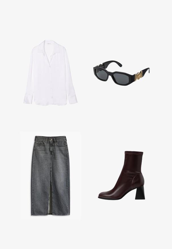Weißes Langarm-Hemd mit Knopfleiste und Schlitzkragen, glatter Textur und sichtbarer Knopfleiste auf der Vorderseite. Leichter Stoff fällt weich.; Denimrock in dunkelgrau mit einem Schlitz vorne, fünf Taschen und einem Knopfverschluss. Hergestellt aus robustem Stoff mit einer glatten Textur.; Stradivarius BLOCK - Stiefelette - dark red; Schwarze Sonnenbrille mit einem massiven geometrischen Rahmen, dunklen Gläsern und goldenen Metallelementen an den Bügeln, die ein rundes Emblemdetail aufweisen.; Weiße Lederhandtasche mit goldenen Beschlägen, einer Klappe an der Vorderseite und schwarzem Rand, ausgestattet mit einer Kettenriemen, der quer über den Körper getragen wird, kombiniert mit einem hellblauen Hemd.