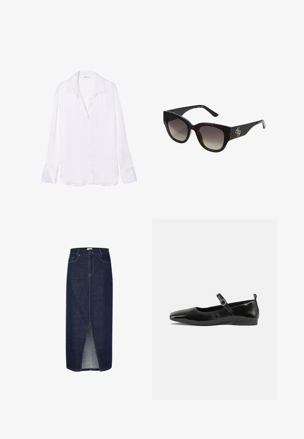 Camisa blanca de manga larga abotonada con cuello tipo notch, textura suave y placket de botones visible en el frente. La tela ligera cae suavemente.; Falda lápiz de mezclilla en azul oscuro con una abertura frontal, con costuras amarillas y un diseño clásico de cinco bolsillos. Cierre con cremallera en la parte posterior.; Zapato plano de charol negro con punta afilada, correa en el tobillo con hebilla y una textura suave y brillante. Tacón bajo para mayor comodidad.; Gafas de sol de carey con montura rectangular de gran tamaño, lentes degradados y acento de logo dorado en la patilla. Material plástico suave.; Bolso de cuero blanco con herrajes dorados, una solapa en la parte frontal y borde negro, con una cadena que se lleva cruzado sobre una camisa de color azul claro.