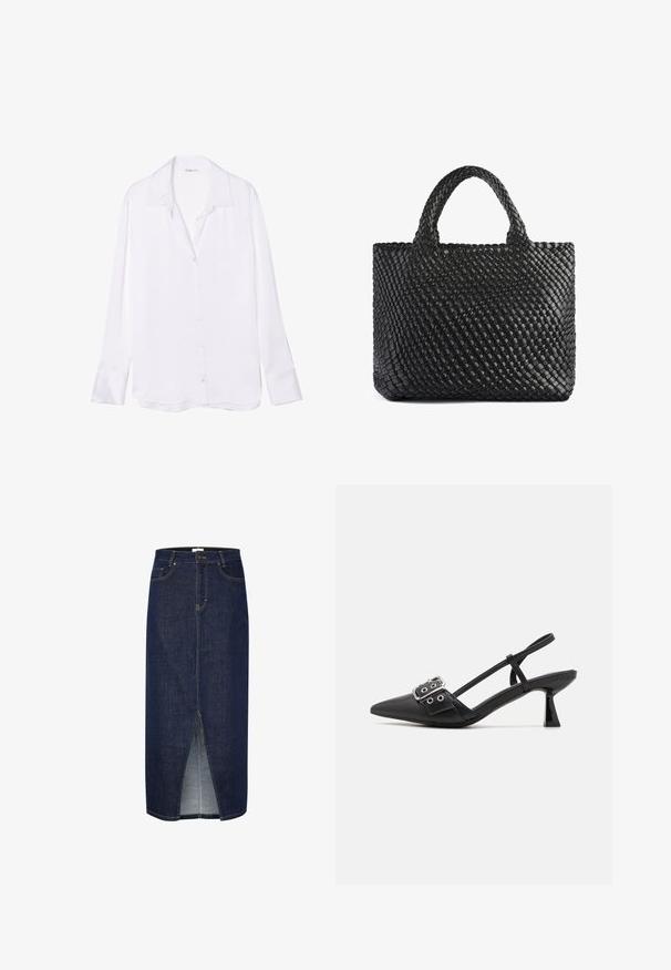 Camisa blanca de manga larga abotonada con cuello tipo notch, textura suave y placket de botones visible en el frente. La tela ligera cae suavemente.; Falda lápiz de mezclilla en azul oscuro con una abertura frontal, con costuras amarillas y un diseño clásico de cinco bolsillos. Cierre con cremallera en la parte posterior.; Simmi London DALA - Tacones - black; Bolso tote tejido negro con dos asas, que presenta una superficie texturizada y una forma rectangular. Diseño simple y único sin hardware visible.