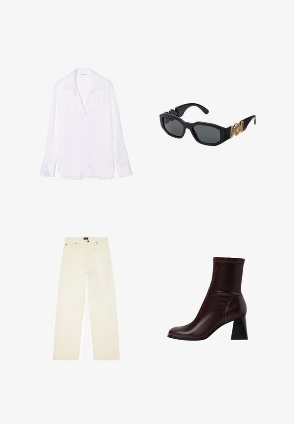 Weißes Langarm-Hemd mit Knopfleiste und Schlitzkragen, glatter Textur und sichtbarer Knopfleiste auf der Vorderseite. Leichter Stoff fällt weich.; Cremfarbene, weit geschnittene Jeanshose mit Knopfverschluss, fünf Taschen und kontrastierenden Nähte.; Stradivarius BLOCK - Stiefelette - dark red; Schwarze Sonnenbrille mit einem massiven geometrischen Rahmen, dunklen Gläsern und goldenen Metallelementen an den Bügeln, die ein rundes Emblemdetail aufweisen.; Weiße Lederhandtasche mit goldenen Beschlägen, einer Klappe an der Vorderseite und schwarzem Rand, ausgestattet mit einer Kettenriemen, der quer über den Körper getragen wird, kombiniert mit einem hellblauen Hemd.