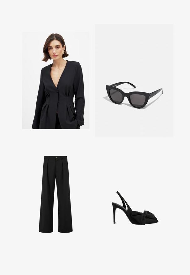 Schwarzer taillierter Blazer mit tiefem V-Ausschnitt, Ein-Knopf-Verschluss und strukturierten Falten an der Taille, gefertigt aus glattem Stoff.; PROHIBITED Stoffhose - black; Schwarze Slingback-Highheels aus glattem Stoff mit spitzer Zehenform und einem Stoffschleifchen auf der Vorderseite. Schlanker Stiletto-Absatz.; Schwarze Cat-Eye-Sonnenbrille mit matter Oberfläche, grauen getönten Gläsern, scharfen Kanten und schlanken Bügeln. Der Markenname ist auf dem inneren Bügel sichtbar.