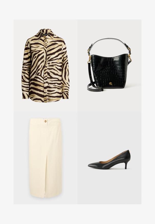 Gombos ing könnyű anyagból, bézs és sötétbarna zebra csíkos mintával, hegyes gallérral és hosszú ujjakkal.; Krém színű midi szoknya elülső hasítékkal, cipzáras záródással és egyetlen gomb részlettel. Simább anyagból készült, minimális varrási díszítésekkel.; Fekete bőrpumpa hegyes orral, alacsony sarokkal és sima felülettel. Elöl enyhe nyílással rendelkezik, hátul pedig minimális részletezéssel.; Fekete krokodil bőrhatású táska ívelt formával, arany színű fémalkatrészekkel, állítható pánttal és logó részlettel elöl.