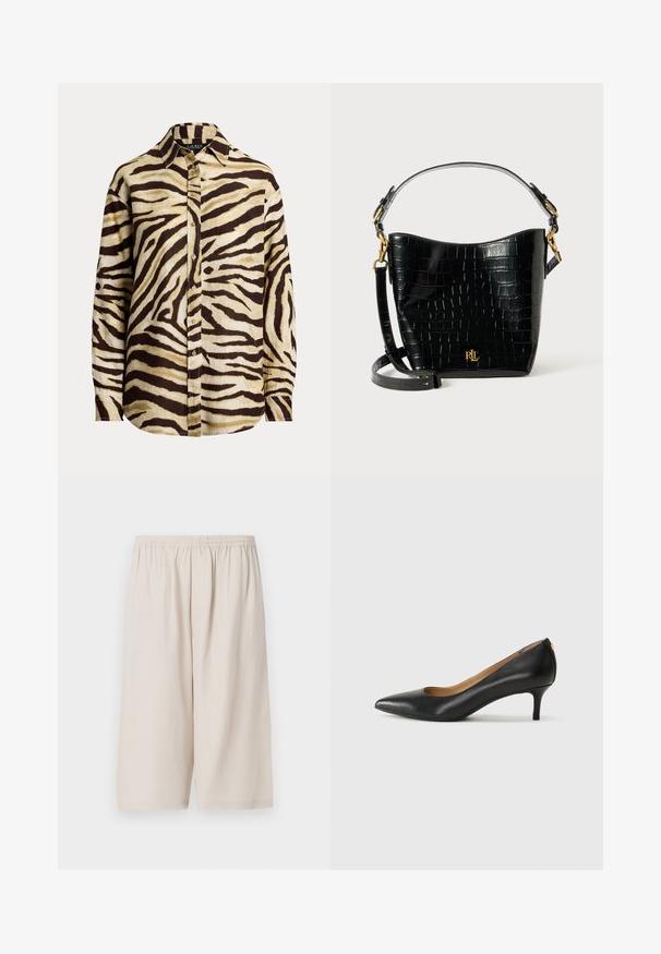 Gaismas audumā veidota krekliņa ar pogām ar gaiši brūnu un tumši brūnu zebras rakstu, ar izteiktu apkakli un garām piedurknēm.; Bejžīgas šorts, kas izgatavoti no viegla auduma, ar elastīgu jostasvietu, ceļgalu garumu un gludu tekstūru. Vienkāršs dizains bez rakstiem.; Melnas ādas augstpapēžu kurpes ar pīlādžu purngalu, zemu papēdi un gludu virsmu. Raksturīga neliela atvere priekšā un minimāls aprīkojums aizmugurē.; Melnas krokodila raksts ādas soma ar izliekta formu, zelta aparatūru, regulējamu siksnu un logotipa detaļu priekšpusē.