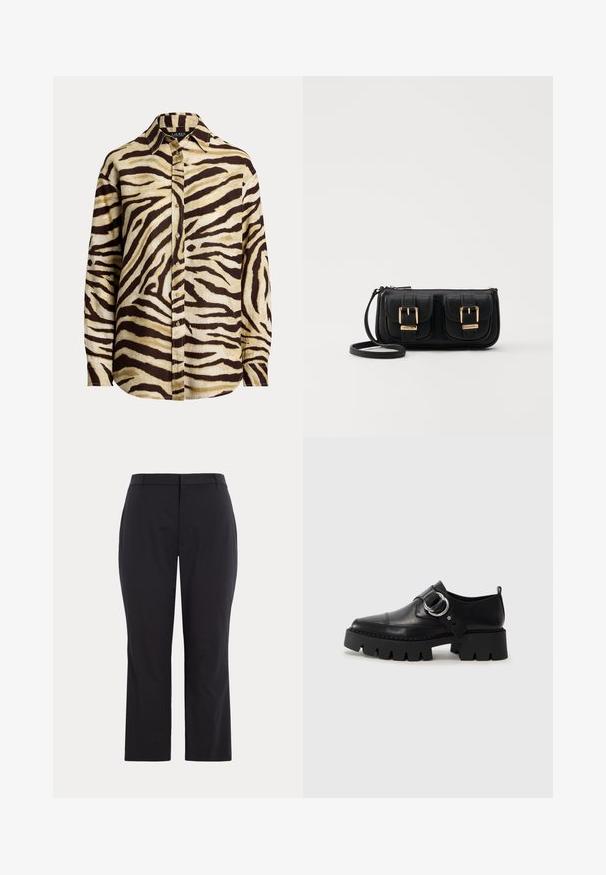 Gaismas audumā veidota krekliņa ar pogām ar gaiši brūnu un tumši brūnu zebras rakstu, ar izteiktu apkakli un garām piedurknēm.; Melni bikses ar pielāgotu piegriezumu, izgatavotas no gludas auduma, ar vidēju vidukli un taisnu kāju griezumu. Nav redzamu kabatu vai rotājumu.; Melni ādas apavi ar masīvu, rievojumu zoli, ar apaļu sudraba aksesuāru un minimālām šuvēm.; Melnas ādas crossbody soma ar divām priekšējām kabatām, zelta sprādzēm, ar rāvējslēdzēju aizdari un šauru siksnu. Strukturēta virsma un kompakta taisnstūra forma.