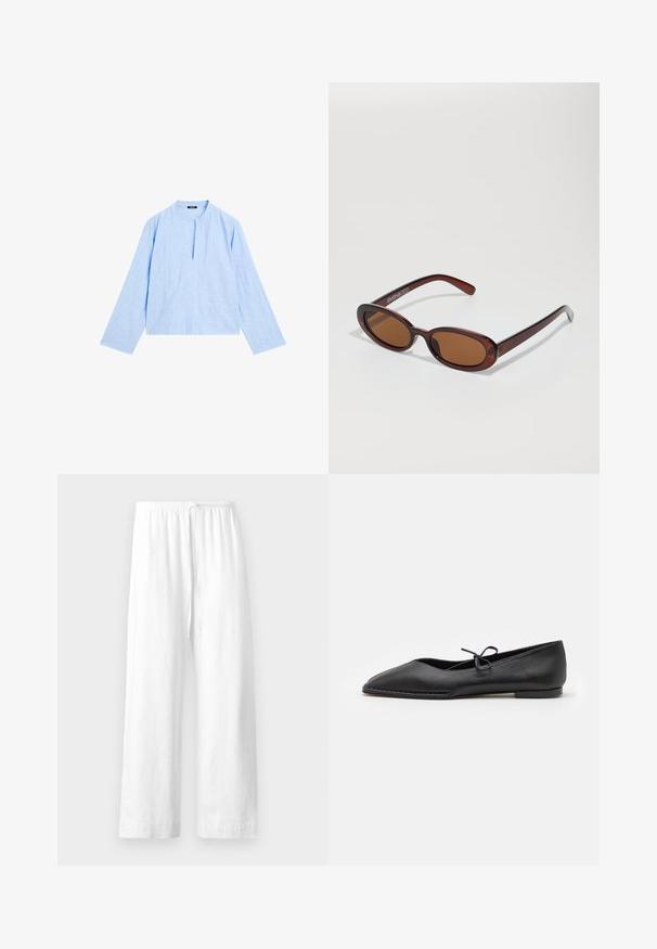 Blusa azzurra a maniche lunghe con scollatura rotonda e uno spacco frontale. Realizzata in tessuto texture, presenta una vestibilità ampia e cropped.; Pantaloni bianchi in lino con una vestibilità comoda, dotati di una vita elasticizzata e cordoncino, e gambe diritte con un orlo pulito.; ALOHAS SWAY - Ballerine - black; Occhiali da sole rotondi con tonalità marrone, montatura lucida color bordeaux. Aste sottili con un sottile dettaglio del marchio. Design delle lenti piatte.