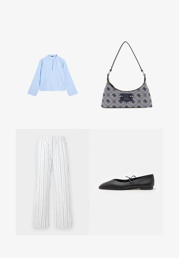 Himmelblaue Bluse mit langen Ärmeln, rundem Ausschnitt und einem Schlitz vorne. Hergestellt aus strukturiertem Stoff, mit lockerer, cropped Passform.; Weiße Hose mit blauen vertikalen Streifen, aus leichtem Stoff gefertigt. Verfügt über einen elastischen Bund und breite, ausgestellte Beine.; ALOHAS SWAY - Klassischer Ballerina - black; Hobo-Handtasche aus navyblauem Stoff mit einem Diamantmuster, ausgestattet mit einem Logo-Schild und einem glatten Schultergurt. Strukturiert Oberfläche.