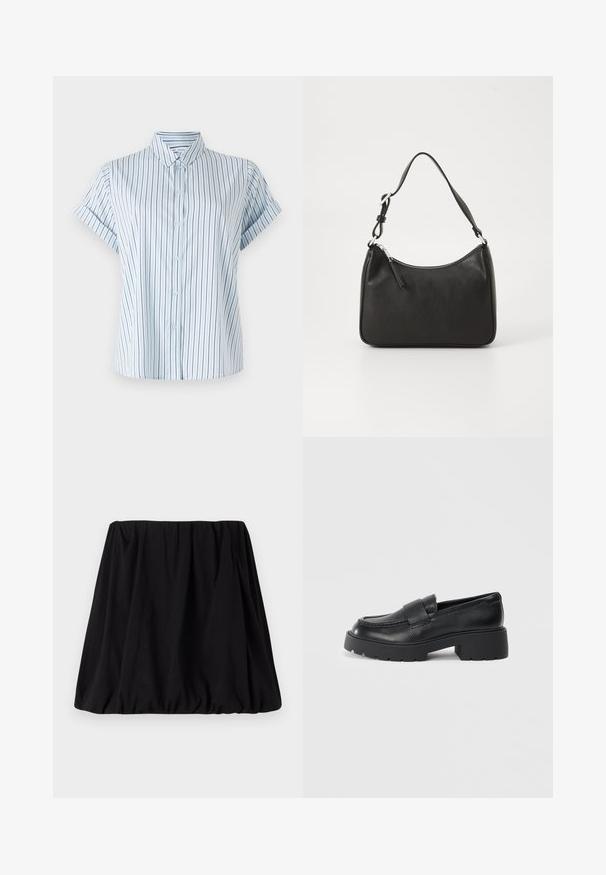 Lys blå kortermet skjorte med vertikale striper, med knappestolpe foran og klassisk krage, laget av glatt stoff.; Svart, samlet skjørt laget av mykt stoff, med elastisk midjebånd og en voluminøs silhuett. Ingen synlige mønstre eller detaljer.; Sorte lærloafers med en teksturert overflate, med en rektangulær stropp over vampen og en kraftig, klumpete såle.; Svart lærveske med en buet form, en enkelt stropp, glidelåslukking og subtil merkevarebygging på forsiden. Glatt tekstur, minimalistisk design.