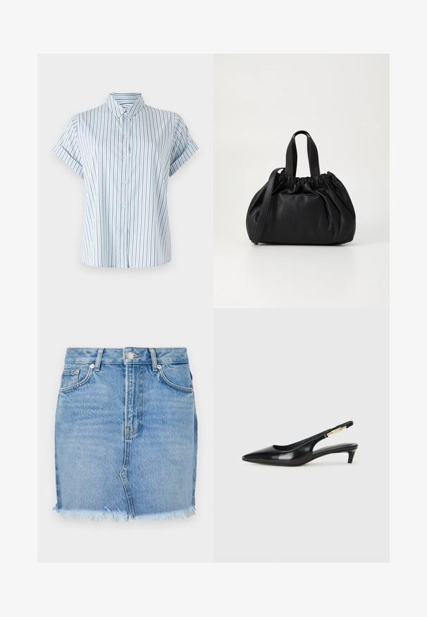 Svijetloplava košulja kratkih rukava s vertikalnim prugama, s dugmadima sprijeda i klasičnim ovratnikom, izrađena od glatkog materijala.; Plava traper suknja s prilagođenim krojem, nerazapetim rubom i klasičnim prednjim džepovima. Glatka tekstura s blagim izbljeđivanjem za ležeran izgled.; Crne kožne sandale s petom, s izduženim vrhom, imaju usku petu i zlatni akcent na podesivoj traci. Glatka tekstura.; Crna kožna torba s nabranim dizajnom na vrhu, s dva kratka ručka i dugim podesivim remenom. Glatka tekstura, zaobljen oblik.
