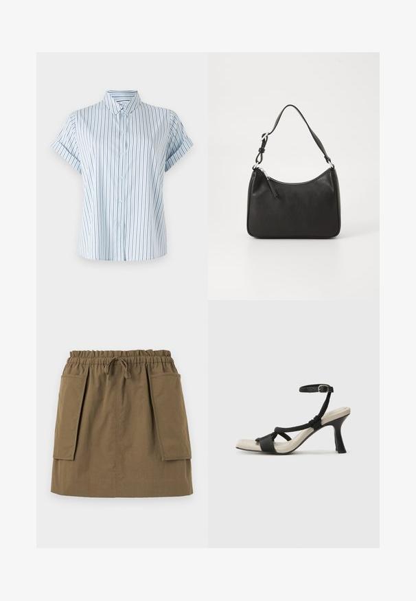 Chemise à manches courtes bleu clair avec des rayures verticales, dotée d'un devant boutonné et d'un col classique, fabriquée en tissu lisse.; Jupe olive, longueur genoux, avec une taille élastique, un cordon de serrage et deux grandes poches latérales. Fabriquée en tissu léger avec des coutures visibles.; Sandale à talon noir avec un design de brides tressées, bout carré et bride de cheville réglable. Semelle intérieure beige claire avec un talon noir brillant.; Sac à main en cuir noir avec une forme courbée, une seule sangle, fermeture éclair et un logo discret à l'avant. Texture lisse, design minimaliste.