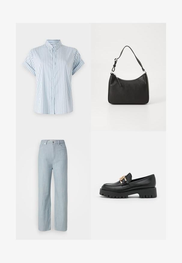 Lichtblauw kortärmige shirt met verticale strepen, voorzien van een knoopsluiting aan de voorkant en een klassieke kraag, gemaakt van gladde stof.; Lichtblauwe recht gesneden jeans van denim. Heeft vijf zakken, een metalen knoopsluiting en subtiele whisks voor textuur.; Zwarte leren loafer met een robuuste zool en gouden hardwareaccent; heeft een ronde punt en gestikte details langs het bovenwerk.; Zwarte leren handtas met een gebogen vorm, een enkele schouderband, ritsluiting en subtiele branding aan de voorkant. Glad textuur, minimalistisch ontwerp.