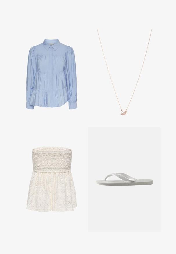 Světle modrá blůza vyrobená z lesklé látky, s klasickým límcem, zapínáním na knoflíky vpředu, nabíranými rukávy a tiered, volánkovým lemem.; Top bez ramínek v bílé barvě s texturovaným smockovaným živůtkem a rozšířenou dolní částí se vzorem krajky. Obsahuje složité vystřižené vzory.; Bílé žabky s texturovanou podrážkou a dvěma tenkými pásky. Pásky jsou hladké s jemným brandingem. Žádné vzory ani další akcenty.; Náhrdelník z růžového zlata s přívěskem labutě, zdobeným jasnými krystaly. Řetízek má jemný design článků.