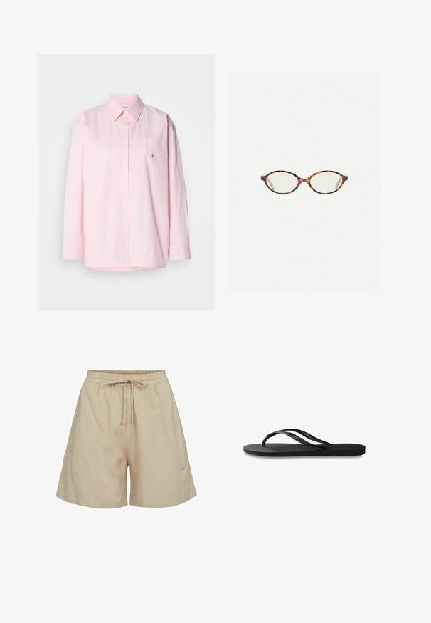 Chemise à manches longues rose clair en coton avec boutonnage. Elle présente un col, une poche avant et un petit logo sur la poitrine.; Shorts en tissu léger beige avec une taille élastique et un cordon de serrage. Présentent une coupe décontractée et des poches latérales. Texture lisse.; Tongs noires avec une semelle en caoutchouc texturée, deux fines lanières et un détail de logo embossé subtil sur la lanière.; Lunettes en écaille de tortue avec des verres ovales et une finition lisse et élégante. Présente des branches fines avec une courbure subtile au niveau des tempes. Verres transparents.