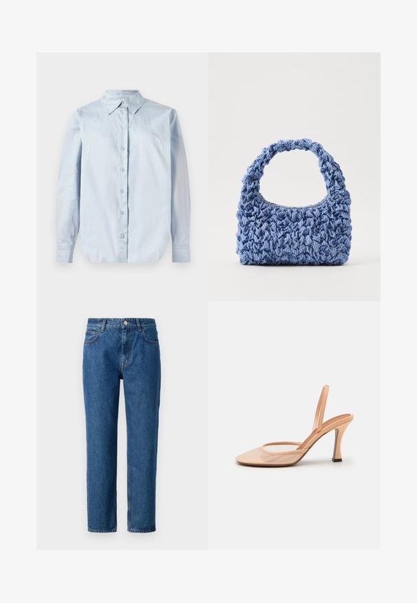 Hele sinine pika varrukaga nööpidega särk, valmistatud siledast kangast. Omab klassikalist kraed, esipaneeli nuppe ja ümarat kehaosa.; Sinised denim püksid sirge lõikega, millel on nupuga sulgemine, vöökohad ja ees olevad taskud. Valmistatud tekstureeritud puuvillast kangast.; Nude värvi silmadega slingback kontsad, millel on terav varvas, õhuke pahkluu rihm ja stilettokonts, mille alusel on must aktsent.; Sinine kangast käekott, millel on volditud tekstuur ja paks, laineline sang. Omab kergeid triibumustreid kogu ulatuses. Kompaktne ristkülikukujuline kuju.