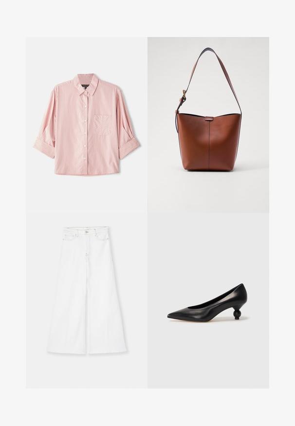 Košile s krátkým rukávem v světle růžové barvě s úzkými bílými a červenými pruhy, obsahující kapsu na levé straně hrudi a široký límec.; FRAME LE PALAZZO CROP RAW FRAY - Široké džíny - white; Černá kožená vysoká bota na podpatku s špičatou špičkou a kulatým, zaobleným podpatkem. Hladká textura s elegantním, minimalistickým designem.; Hnědá kožená taška přes rameno s zakřiveným tvarem, hladkou texturou a jedním tenkým popruhem. Obsahuje jemný šev a malý detail loga.