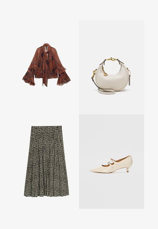 Braune Paisley-Bluse mit langen Glockenärmeln und einem Bindekragen. Hergestellt aus leichtem Stoff, mit floralen und abstrakten Mustern.; TOM TAILOR Maxirock - abstract black grid design; Beige Lackleder-Mary-Jane-Schuhe mit zwei verstellbaren Schnallen, spitzem Schuhkopf und niedrigem Absatz. Glatte Textur mit glänzendem Finish.; Cremfarbene Lederhandtasche in Mondform, mit goldenen Akzenten, schwarzen Details und einem abnehmbaren Gurt. Sie verfügt über eine Kettendetail und einen Anhänger.; Goldfarbene Ohrringe, bestehend aus drei Paaren: strukturierte ovale Stecker, ohrringe mit gewelltem Design und große Creolen mit geschichteten Rillen.