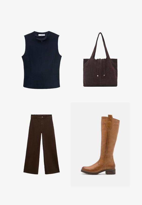 Marineblauw mouwloos topje met hoge halslijn, gemaakt van een gladde stof. Voorzien van een verborgen rits en verticale naden voor een getailleerde pasvorm.; Bruine wijde broek in katoenmix, met een rafelige zoom, sluiting met een knoop aan de voorkant en een klassieke vijf-pocketstijl. Minimalistisch en veelzijdig.; Anna Field LEATHER  - Laarzen - cognac; Mango Shopper - dark brown