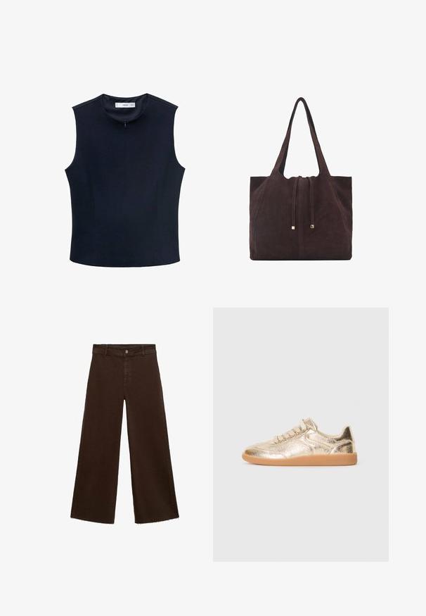 Mornarska brezrokavnika s visokim ovratnikom, izdelana iz gladkega materiala. Ima skrit zadrgo in navpične šive za prilegajoč kroj.; Rjave široke hlače iz mešanice bombaža, z raztrganim robom, sprednjim gumbom in klasičnim dizajnom s petimi žepi. Minimalistične in vsestranske.; Nizka športna obutev z metalnim zlatim teksturiranim zgornjim delom, bež vezalkami in gumijastim podplatom, prikazana s zunanje strani na belem ozadju.; Mango Torba za nakupovanje - dark brown