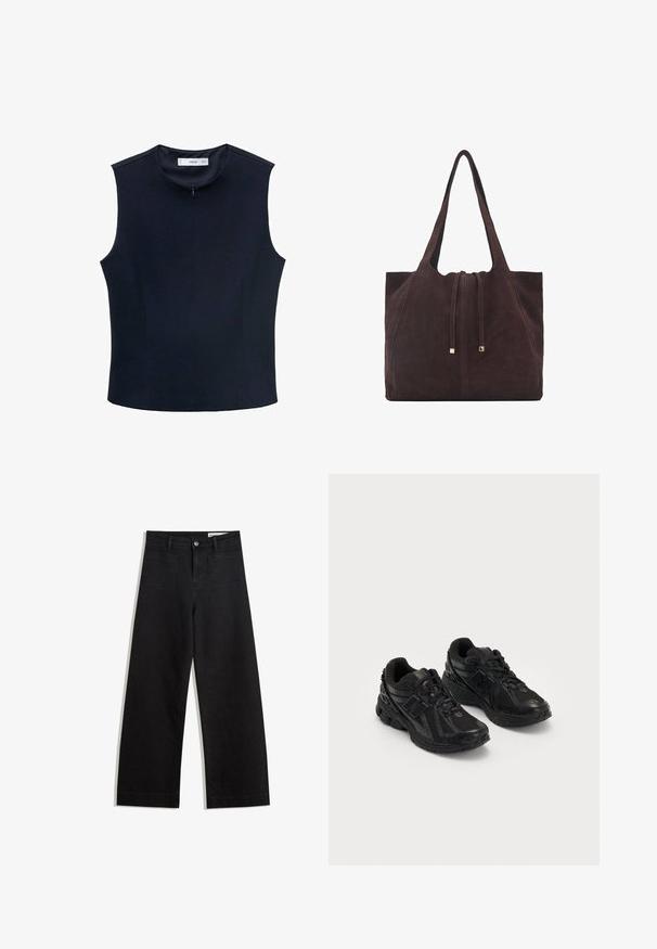 Navy sleeveless top with high neckline, made of smooth fabric. Features concealed zipper and vertical seams for tailored fit.; Black wide-leg denim pants with a high waist, featuring front and back pockets, stitched seams, and a button closure. Smooth texture.; Black athletic shoes made of mesh and synthetic materials. Features a cushioned sole, textured patterns, and embossed branding on the side.; Mango Tote bag - dark brown