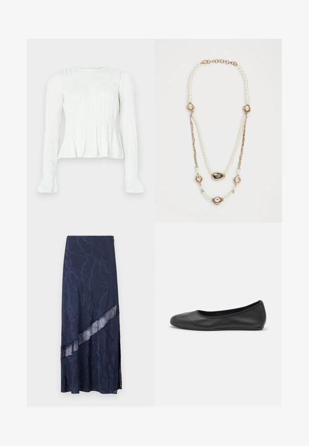 Blouse blanche à manches longues avec des détails de tissu froncé, un corsage smocké et des poignets évasés sur un fond uni.; Jupe maxi marine avec un panneau en dentelle et un motif en chaîne. Texture lisse avec une fente sur le côté pour un détail supplémentaire.; Ballerines en cuir noir avec un bout rond, texture lisse, détails de couture minimalistes et design de semelle flexible.; Collier de perles avec des accents en or, comprenant trois montures ornées de gemmes et une section en chaîne tressée. La palette de couleurs inclut le blanc et l'or.