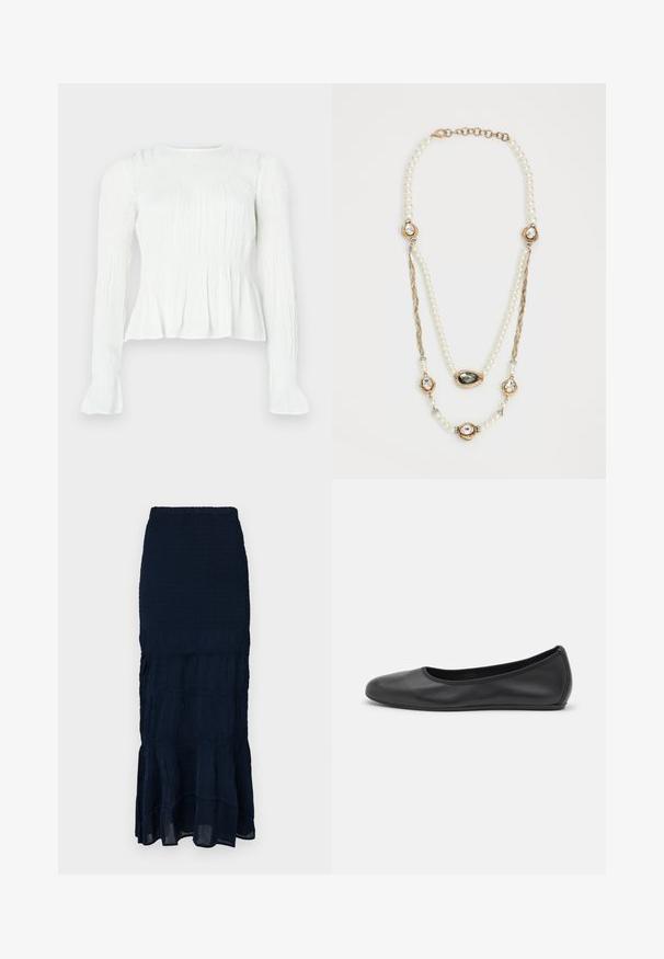 Blusa bianca a maniche lunghe con dettagli in tessuto raccolto, corpino arricciato e polsini svasati su uno sfondo neutro.; Gonna midi blu navy arricciata con orlo a balze a più strati e tessuto strutturato. Vita elasticizzata per una vestibilità regolabile.; Pantofole da balletto nere in pelle con punta arrotondata, texture liscia, dettagli di cucitura minimi e design con suola flessibile.; Collana di perle con accenti dorati, tre impostazioni incastonate di gemme e una sezione a catena intrecciata. La palette di colori include bianco e oro.