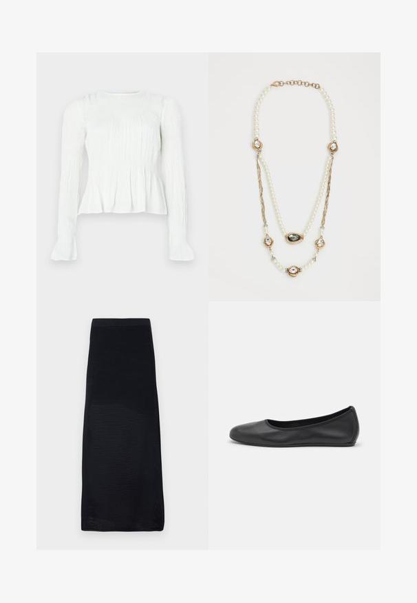 Valkoinen pitkähiha-pusero, jossa kerättyjä kangasdetailleja, nyplätty vartalo ja levenevät hihansuut yksivärisellä taustalla.; Musta midi-hame, joka on valmistettu teksturoidusta verkkokankaasta, jossa on sopiva vyötärö ja suora leikkaus. Hame on yksivärinen ilman kuvioita.; Musta nahkainen ballerina, jossa on pyöristetty kärki, sileä pinta, minimaalinen ommelkoristelu ja joustava pohjamuotoilu.; Helminauha, jossa on kultakorostuksia, kolme jalokiviä sisältävää asetelmaa ja letitetty ketjukohta. Väripaletti sisältää valkoista ja kultaa.