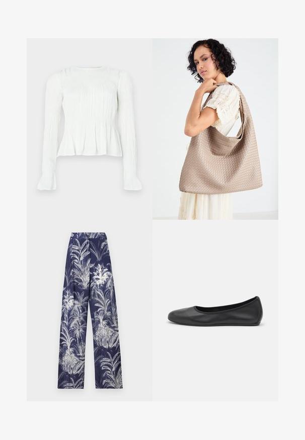 Bluza albă cu mâneci lungi, cu detalii din material adunat, corset cu smocuri și manșete evazate, pe un fundal simplu.; Pantaloni largi de marină, cu un imprimeu alb de frunze de palmier, talie structurat și textură moale. Detaliate cu accente texturate pe parcursul întregului articol.; Balerini din piele neagră, cu vârf rotund, textură netedă, detalii de cusătură minimale și un design al tălpii flexibil.; Geantă țesută bej cu un design relaxat și o curea de umăr. Prezintă un model texturat pe întreaga suprafață.