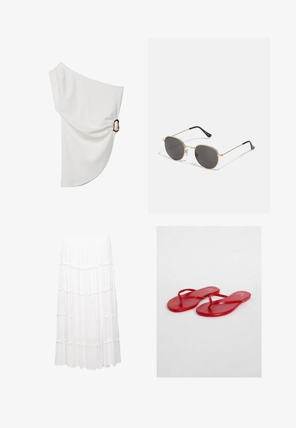 Biała bluzka bez ramiączek, wykonana z gładkiego materiału, z detalem w postaci marszczenia i metalowym pierścieniem po jednej stronie.; Biała spódnica warstwowa wykonana z lekkiego materiału, z elastycznym pasem, falbanami i luźnym krojem, sięgającym do połowy łydki.; Czerwone klapki z gładkim, błyszczącym wykończeniem, cienkimi paskami i płaską podeszwą. Nazwa marki jest wytłoczona na złoto na wkładce.; Okrągłe okulary przeciwsłoneczne z ciemnymi szkłami, cienką złotą metalową ramą, plastikowymi końcówkami zauszników oraz regulowanymi noskami. Minimalistyczny design o klasycznym wyglądzie.
