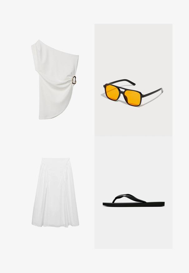 Blouse blanche décolletée en tissu lisse, présentant un détail froncé avec un accent en anneau métallique sur un côté.; Jupe midi blanche en coton, avec une texture lisse, des détails froncés sur les côtés et une taille ajustée pour une silhouette fluide.; Tong sandale en caoutchouc noir avec une bride en T texturée et une semelle plate simple, montrée de côté sur un fond clair.; Lunettes de soleil rectangulaires noires avec des verres orange vifs. Elles présentent un design de pont unique et des branches élégantes, fabriquées à partir d'un matériau léger.; Sac en cuir noir à bandoulière avec deux poches zippées à l'avant, une forme structurée, une bandoulière réglable et une surface texturée.