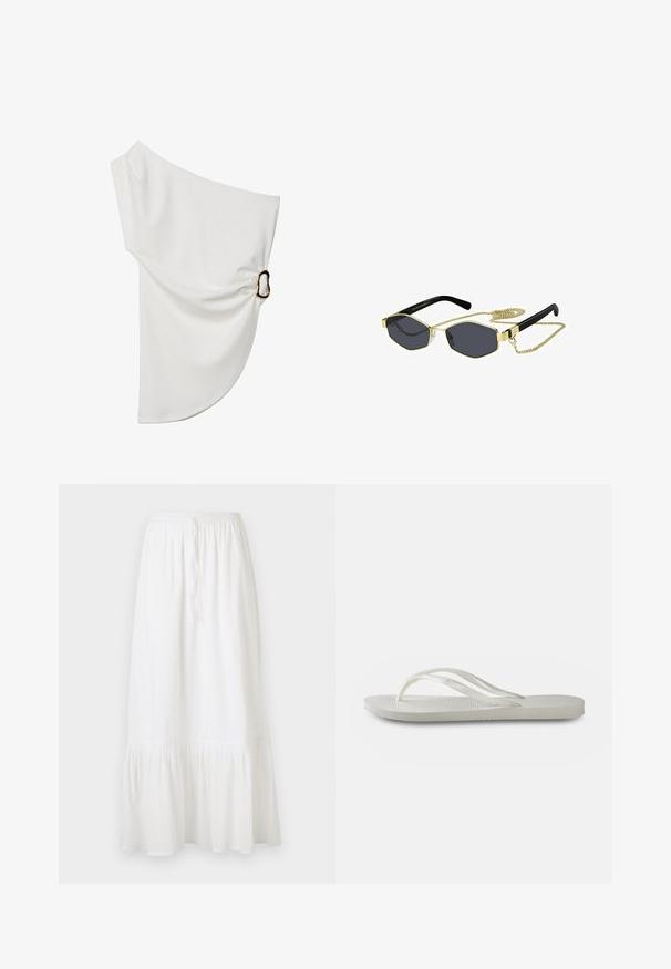 Blouse blanche décolletée en tissu lisse, présentant un détail froncé avec un accent en anneau métallique sur un côté.; Jupe blanche, longueur genou, fabriquée en tissu léger avec une taille élastique et un cordon de serrage. Elle présente un ourlet volanté et une texture subtile.; Tong en plastique blanche avec une semelle texturée, dotée de fines brides et d'un design plat. Fabriquée en caoutchouc avec un logo discret sur le coussin de pied.; Lunettes de soleil octogonales avec des verres teintés, des accents en métal doré et des branches en plastique noir ; comprend une chaîne dorée détachable.