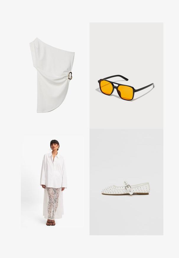 Valkoinen off-the-shoulder-paita, joka on valmistettu sileästä kankaasta ja jossa on ryppy yksityiskohta, jossa on metallirenkaan korostus yhdellä puolella.; Valkoinen napitettava paita, jossa on pitkät hihat, yhdistettynä läpikuultaviin valkoisiin pitsihousuihin, joissa on kukkakuvio ja pitkä takakaistus. Mustat sandaalit.; Valkoinen litteä kenkä, jossa on terävä kärki, on koristeltu hopeisilla napeilla, ja siinä on soljellinen hihna jalan päällä sekä vaaleanruskea pohja.; Mustat suorakulmaiset aurinkolasit, joissa on voimakkaat oranssit linssit. Ominaisuuksiin kuuluu ainutlaatuinen silta-design ja tyylikkäät varret, jotka on valmistettu kevyestä materiaalista.