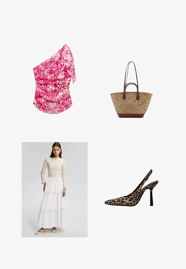 Lyserød, mønstrede top med én skulder og rynk. Har nuancer af lyserød og creme, letvægtsstof og et svævende design.; Beige langærmet top med flæser ved håndleddene, stylet med en lagdelt hvid maxi-nederdel med samlede syninger. Modellen har beige blokhæle på.; Pattent med leopardprint og slingback hæle med spids tå, sorte patenterede detaljer, tynd høj hæl og justerbar spænde. Syntetisk materiale.; Vævet strå tote taske med flettet tekstur, mørkebrune læderhåndtag og bund, bred cirkulær form og åben topdesign.